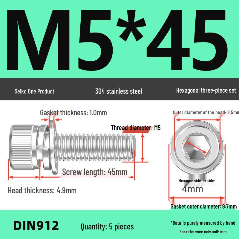 304 Stainless Steel Hex Socket Cap Screw with Washer - Sizes M3, M4, M5, M6, M8, M12