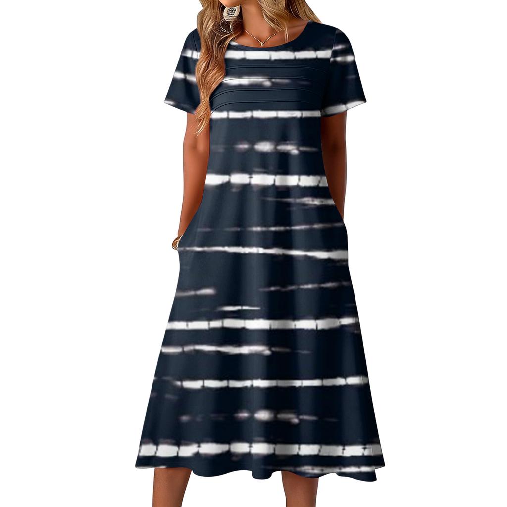 Ladies' Striped Printed Casual and Fashionable Short Sleeved Round Neck Dress