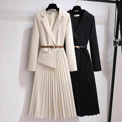 Women's Dresses Fashion Suit Collar Stitching Fake Two-Piece Elegant Lady Office Long Dress Vestidos