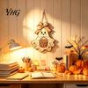 Decorative Wood Hanging Plaque Cute Bow Ghost Sign, Rustic Retro Floral Door Sign with Pumpkin Decoration Basket, Vintage Halloween Wooden Pendant for