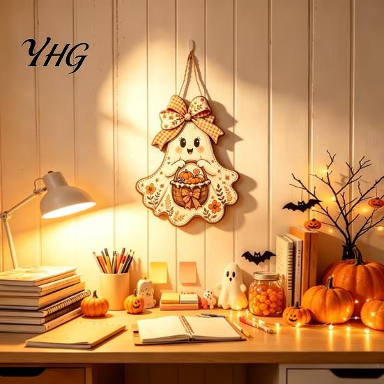 Decorative Wood Hanging Plaque Cute Bow Ghost Sign, Rustic Retro Floral Door Sign with Pumpkin Decoration Basket, Vintage Halloween Wooden Pendant for