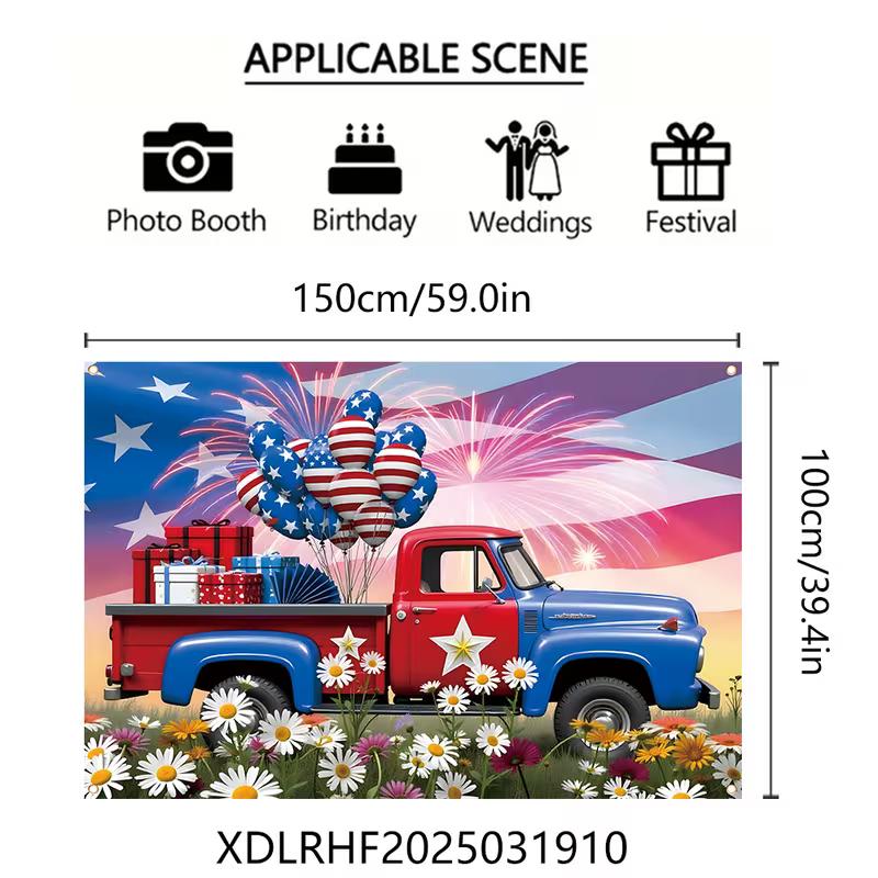 2D Red White Blue Vintage Truck with Balloons Photo Background