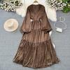 High-end Celebrity Temperament Lantern Long-sleeved V-neck Waist Thin A-word Printed Dress Elegant Pendulum Long Skirt