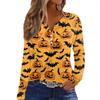 Dámské tričko s potiskem Halloweenu, knoflíky, dlouhý rukáv, denní, víkendová móda, základní, výstřih do V, běžný top