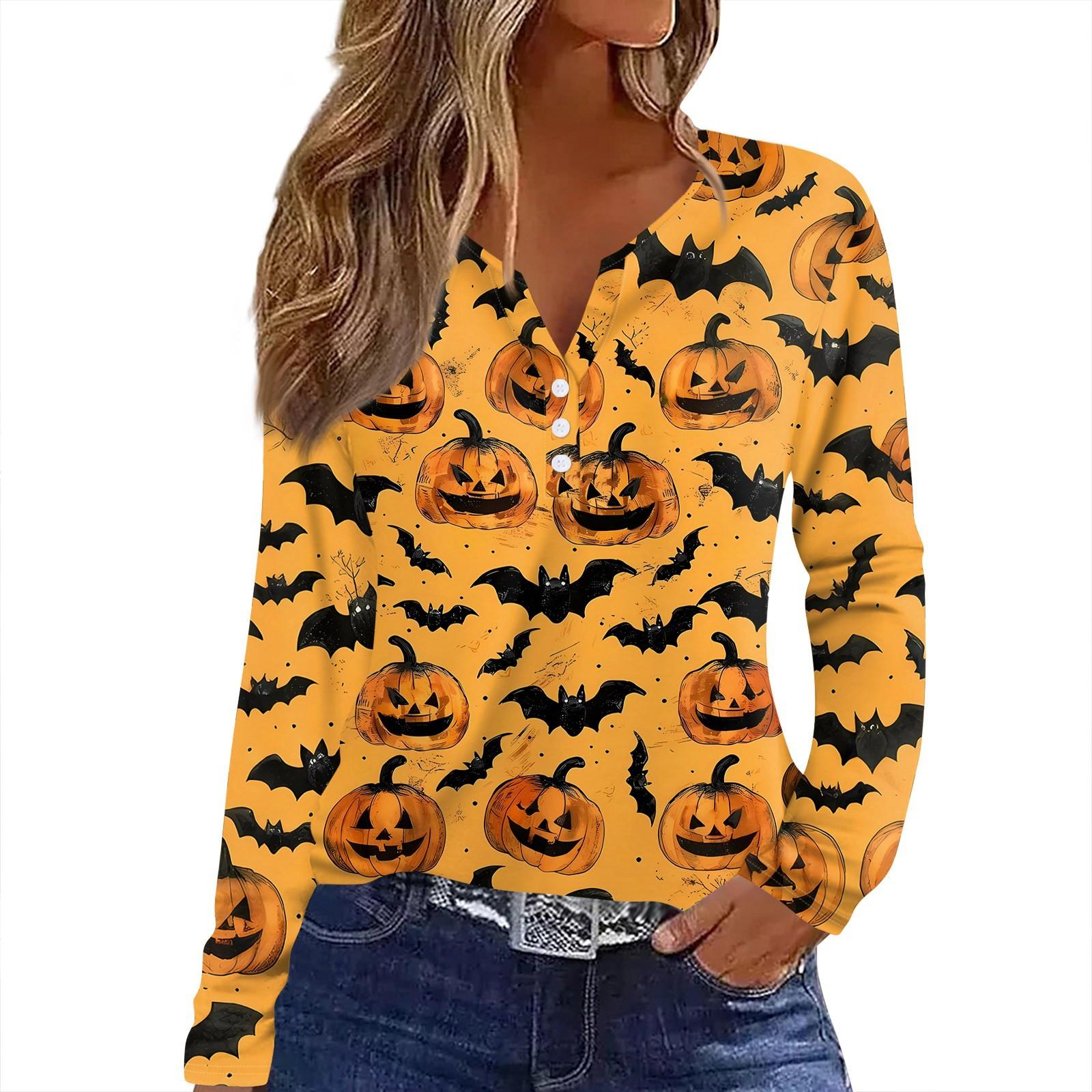 

Женская футболка Футболка Принт Хэллоуин Пуговица Длинный рукав Повседневная Мода на выходные Базовая V-образный вырез Обычный топ L оранжевый
