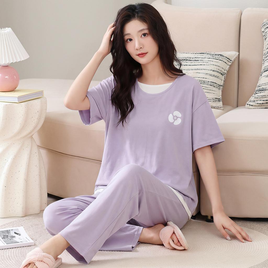 Pajamas women's 1011 new pure cotton summer thin simple short-sleeved cropped pants huge good-looking fake two-piece loungewear set