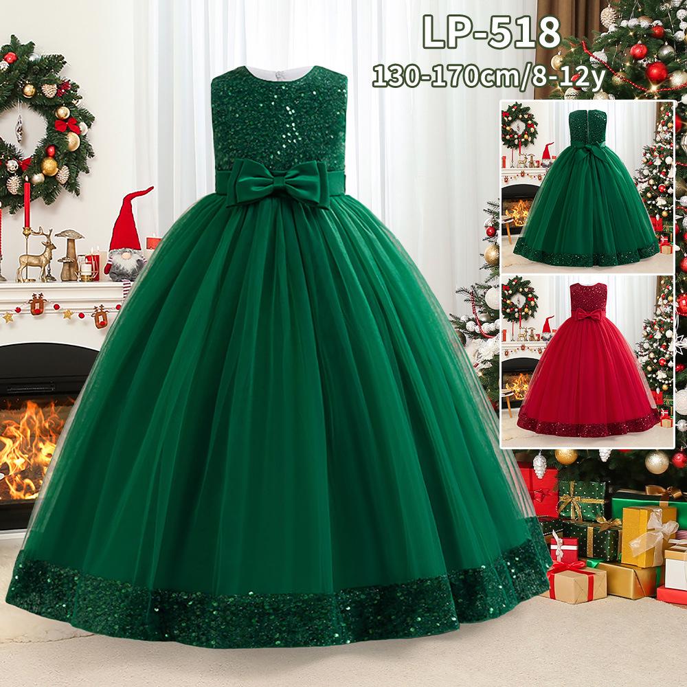 European & American Christmas Girl's Sequin Mesh Princess Dress - Long Evening & Birthday Gown