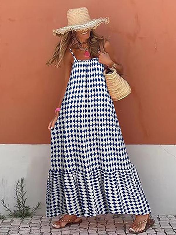 Bohemian Ruffle Edge Spaghetti Strap V-Neck Long Dress