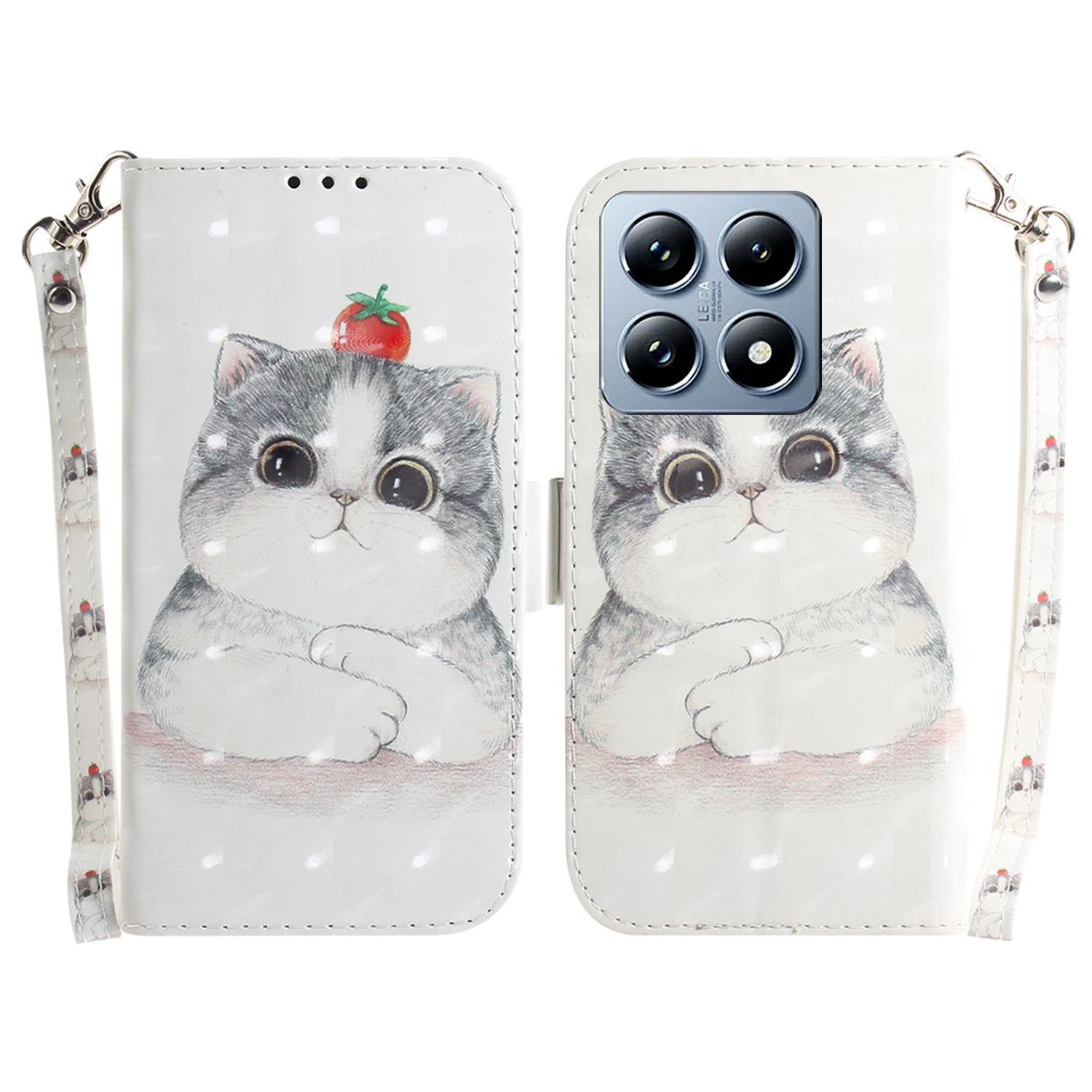 

For Xiaomi 14T Pro Case Pattern Printing Leather Wallet Phone Cover with Wrist Strap Cute Cat