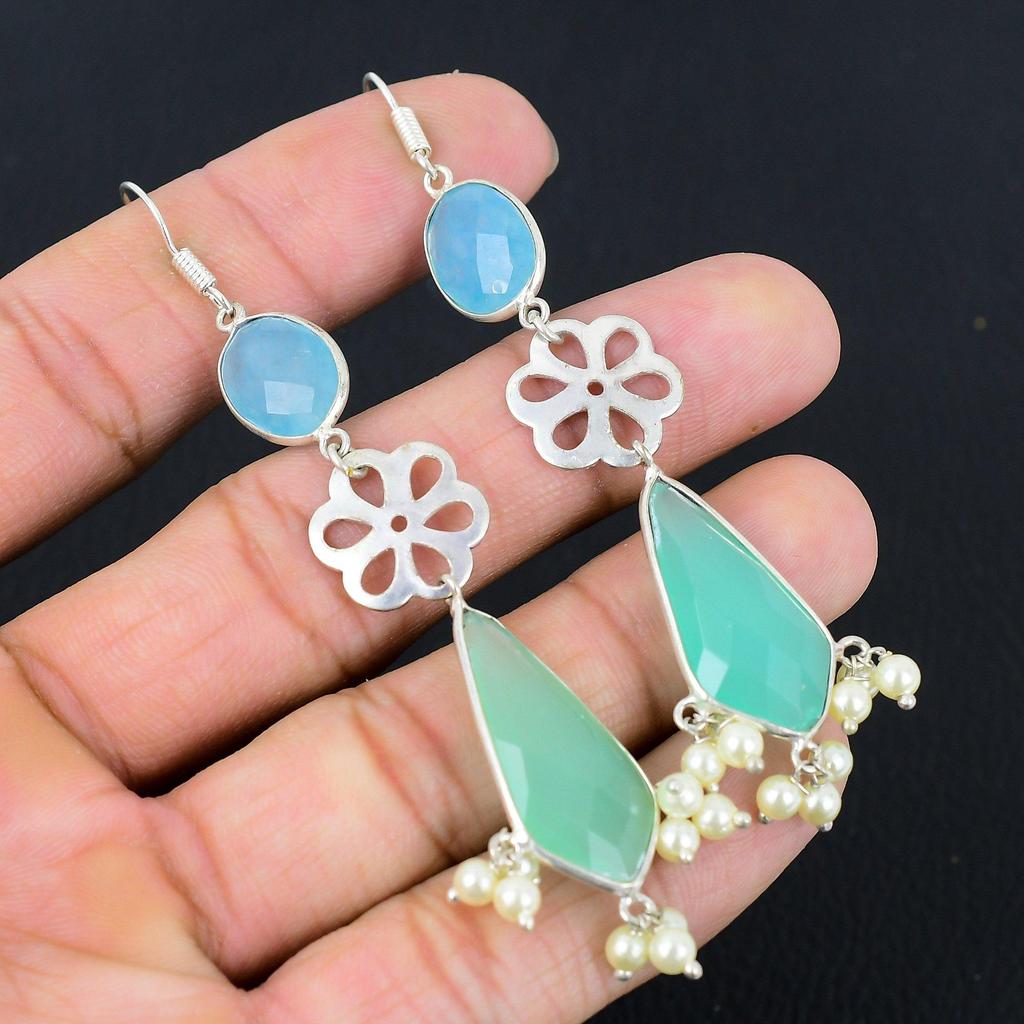 Green Chalcedony Stone 925 Silver Drop Dangle Engagement Boho Earrings Jewelry