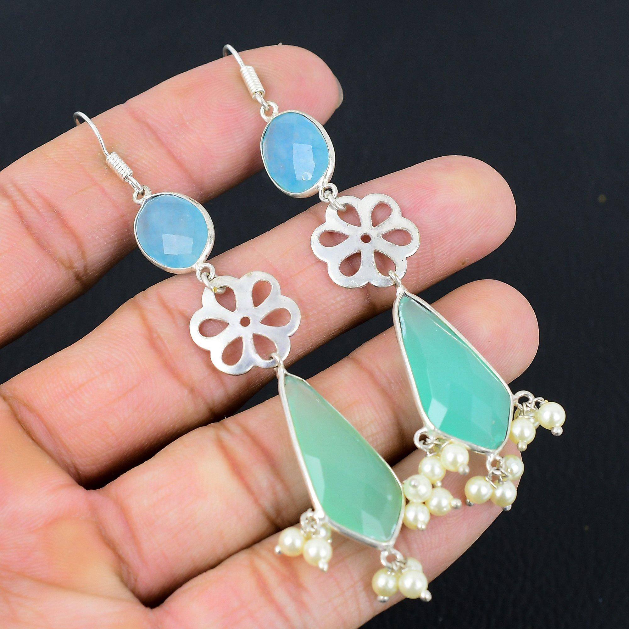 

Green Chalcedony Stone 925 Silver Drop Dangle Engagement Boho Earrings Jewelry
