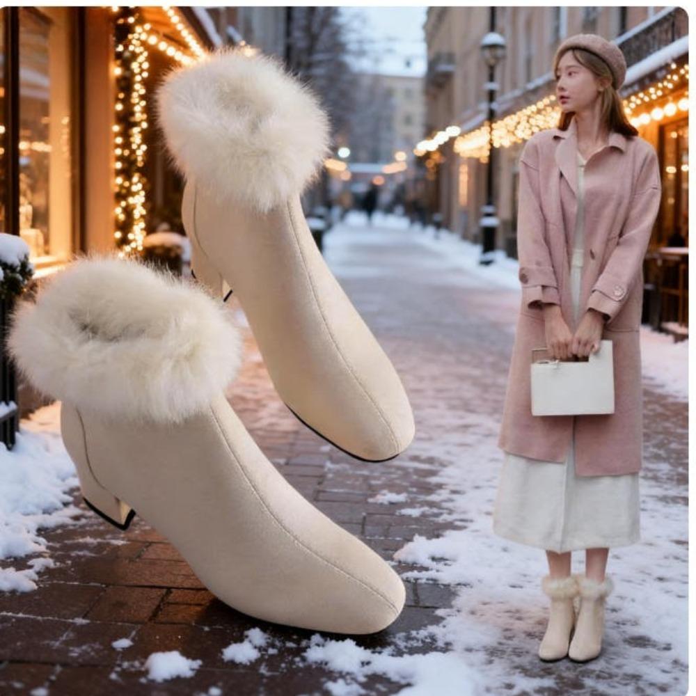 Winter Comfortable White Black Women Ankle Boots Rabbit Fur  Heels Lady Casual Shoes