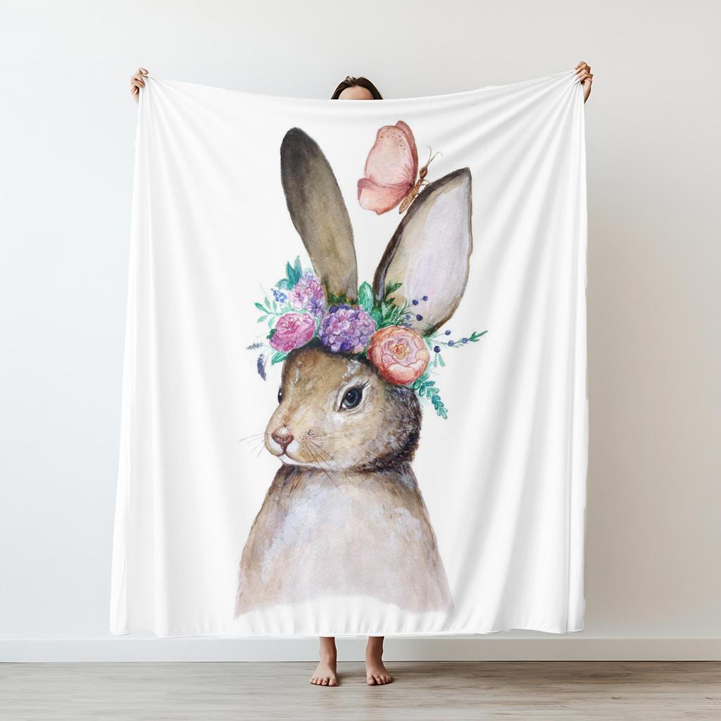 Cartoon rabbits Happy Flannel Throw Printed Blanket Soft Warm Blanket Grain Blankets for Bedroom Couch Sofa