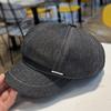 Women'S Denim Beret Hat with Metal Tag, Washed Distressed Design, Sun Protection, Inelastic, Stripe Craftsmanship, Versatile for Spring & Fall Outings