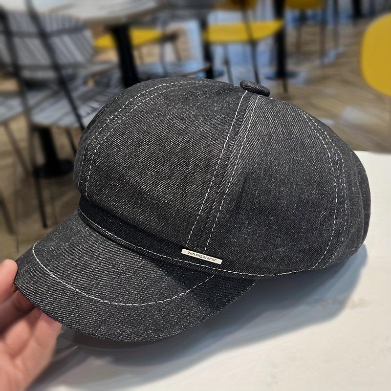 Women'S Denim Beret Hat with Metal Tag, Washed Distressed Design, Sun Protection, Inelastic, Stripe Craftsmanship, Versatile for Spring & Fall Outings