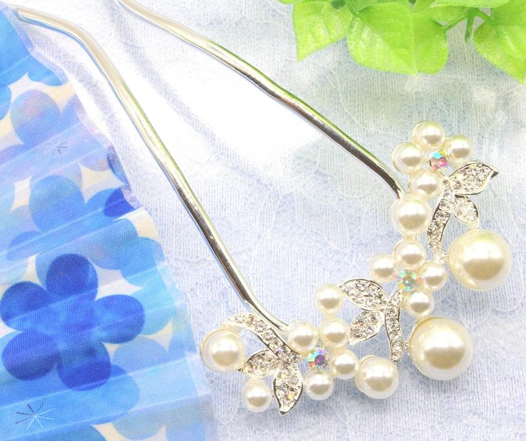 Kanzashi Hair Pearl Hair Flower for Kimono and Yukata [Miaomyao] (Japanese Hairpin), U-Shaped, Ornament, Comb, Design, Silver,