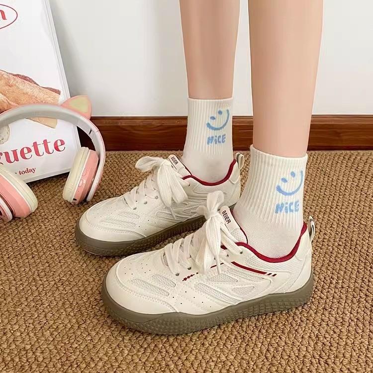 Korean Version of Women's Shoes Dexun Double Mesh Shoes Ugly Cute Autumn New Chic Breathable Sports Flat Bottom Round Head White Shoes