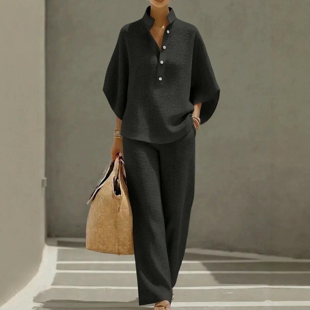 2026 European and American Cross-border Women's Clothing Casual Loose Breathable Solid Color Button-up Shirt Top Wide-leg Pants Set Summer