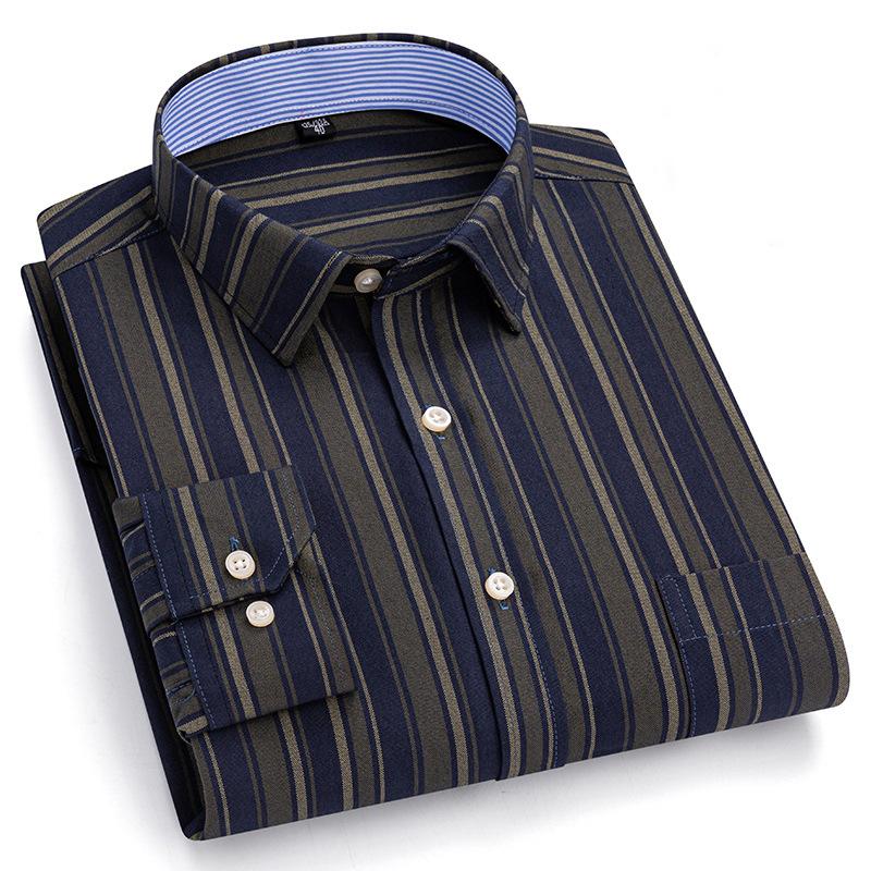 Autumn New Striped Long Sleeve Shirt Cotton Oxford Spinning Washed Casual Men's Cardigan Button Neck Shirt