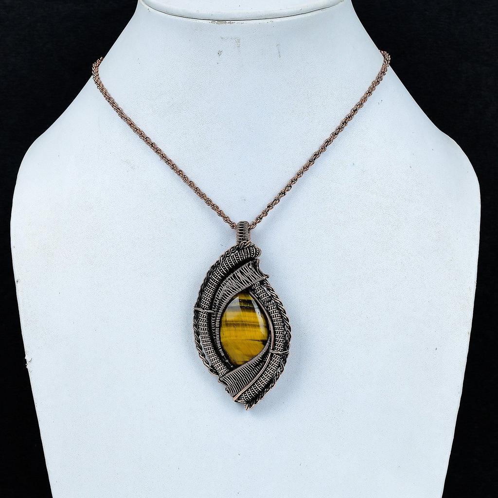 Tiger's Eye 999 Copper Wire Wrapped Pendant, Handmade Gemstone Pendant, Gift For Mom Antique Jewelry