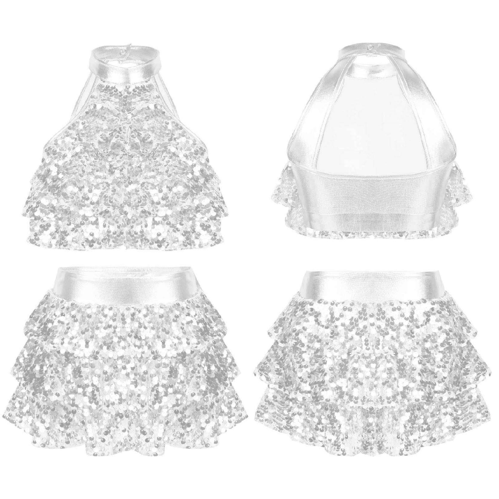 

Комплект танцевальной одежды для девочек, гимнастический укороченный топ без рукавов + юбки, танцевальная одежда с блестками, 2 шт. 9-10 Years