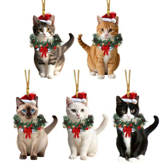 Christmas Pendant 2D Acrylic Cat Wearing Xmas Wreath Charm Car Hanging Ornament Home Office