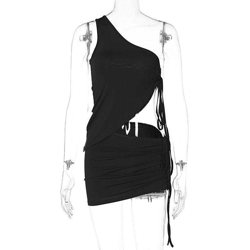 

Fashion Ins Summer 2024 New Arrival Solid Color One-Shoulder Vest Sexy Sexy Irregular Slim-Fit Skirt Outfit Women Black L