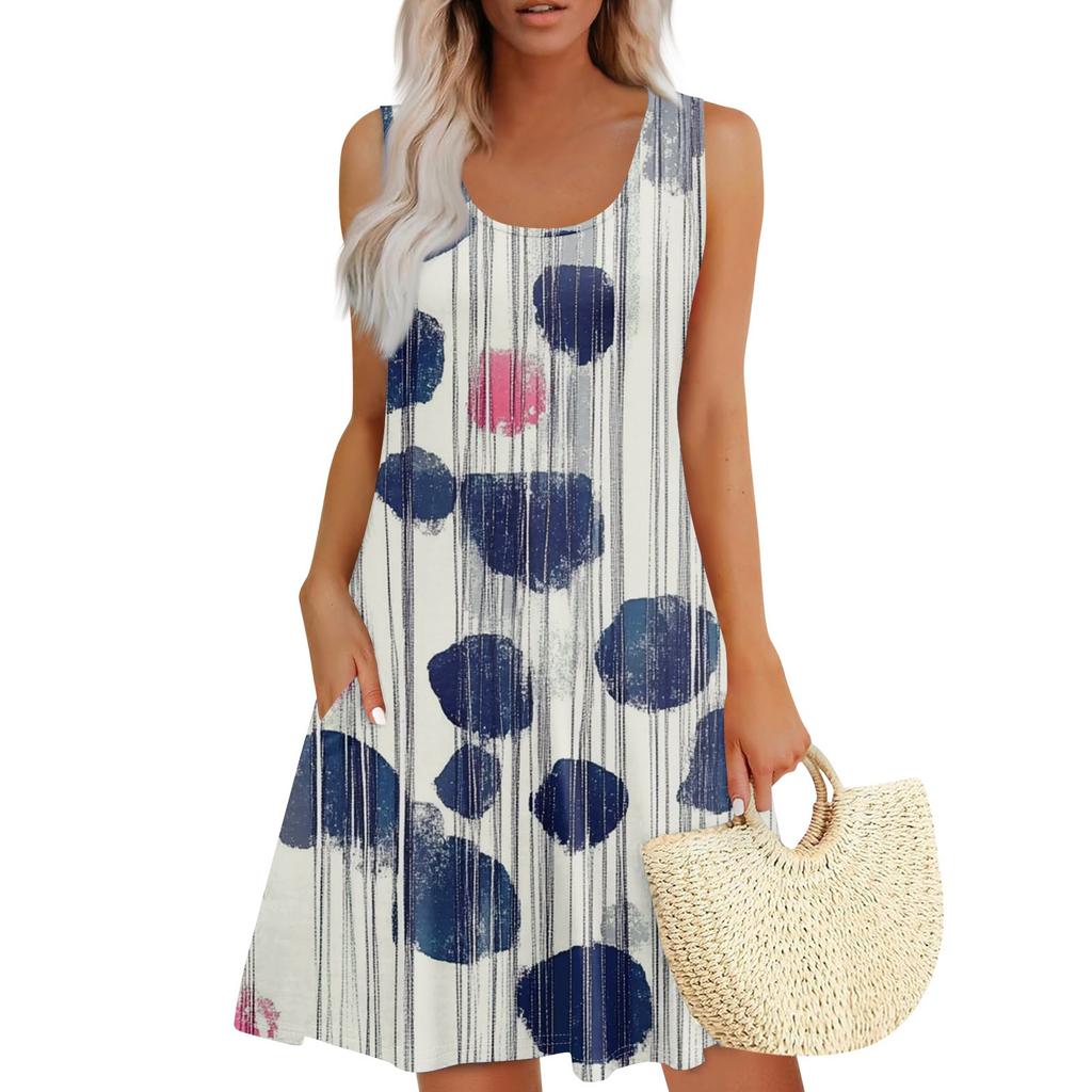 Women's Summer Casual Square Neck Independence Day Printed Dress Sleeveless Dress With Pockets