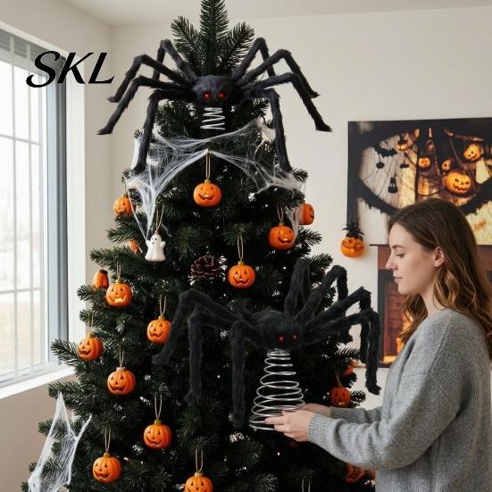 Decorative Spider for Trees Halloween Tree Topper, Spooky Large Black Furry Creative Props Ornament with Spiral Base Home Party Haunted House Supplies