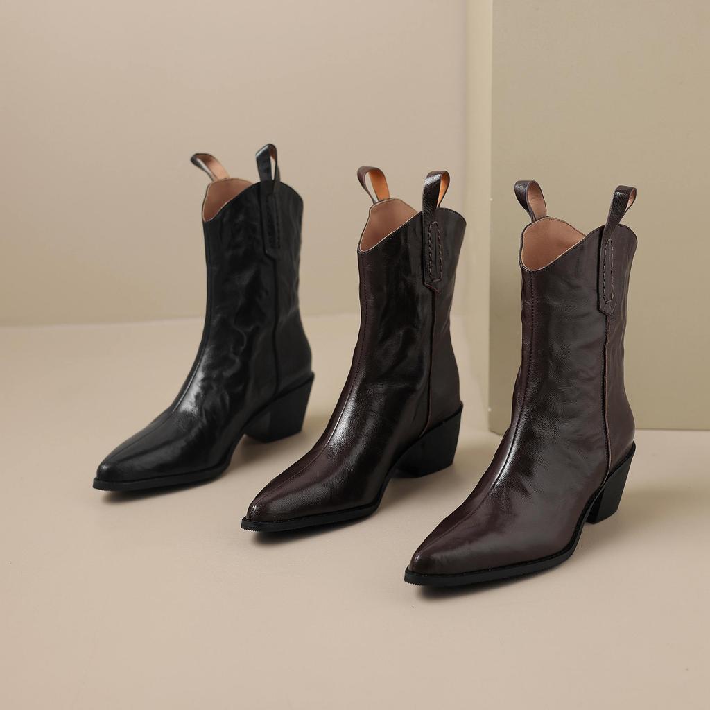 Krazing Pot Sheep Skin Autumn Winter Shoes Thick High Heels Size 43 Western Boots Slip on Ankle Boots