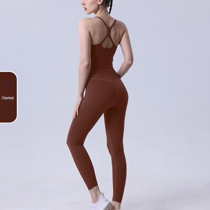 New Nude Yoga Set: Cross-Back Sports Bra & High-Waist Peach Hip Leggings