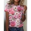 Elegant and Stylish Women's T-shirt with Colorful Roses and a Round Neckline, a Versatile and Refreshing Y2K-style Top for Summer