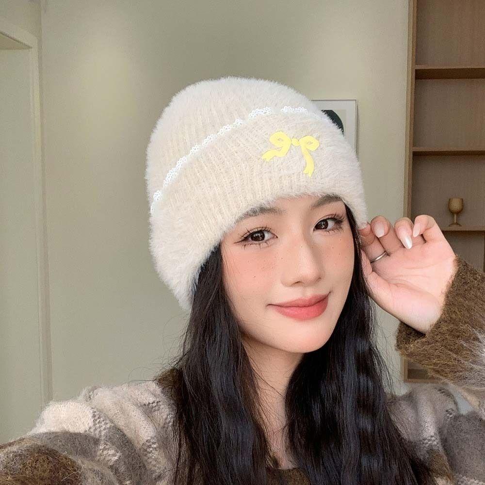 Solid Color Knitted Pullover Hat Keep Warm Ear Protection Cap Fashion Bow Beanies Ladies