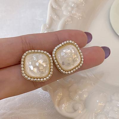 Korean Temperament Vintage For Women S925 Needle Bling Square Geometric Stud Earrings Shell