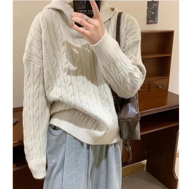 

Autumn and winter new retro twist hooded pullover sweater women s simple and versatile loose lazy wind knitted sweater tide One Size