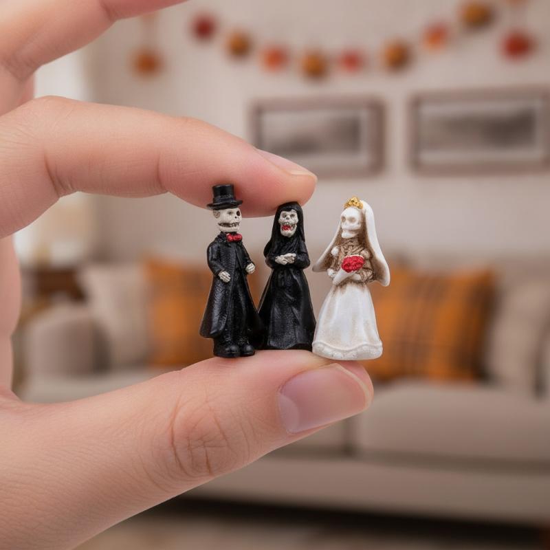 Halloweenová miniaturní figurka Kostra Lebka Rakev Dům Židle Halloween Mini Pryskyřice Kreslený Strašidelný Duch Soška Party Ozdoby
