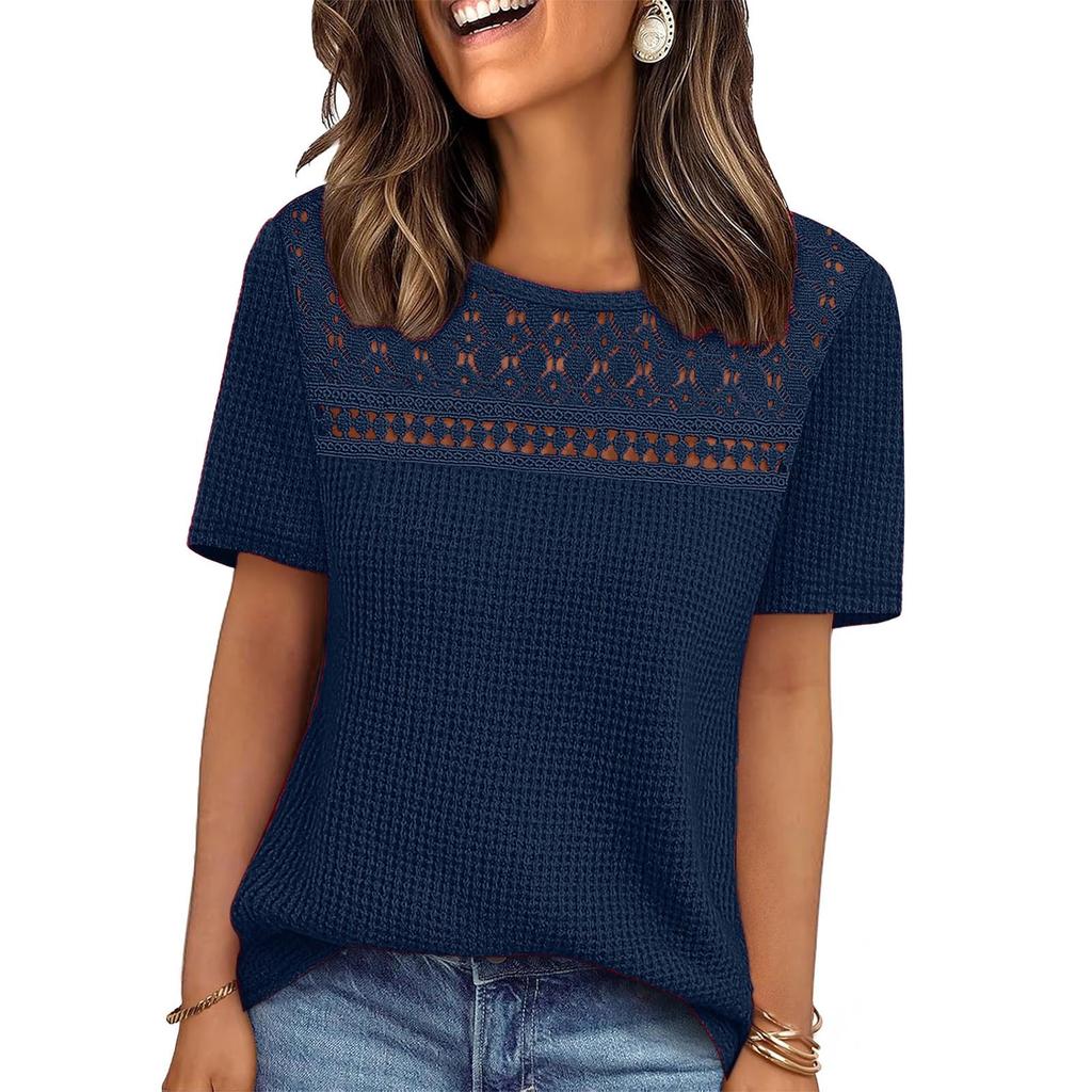 Fashionable Women's Mesh Hollow-Out Breathable Versatile Round Neck Short-Sleeve T-Shirt Top