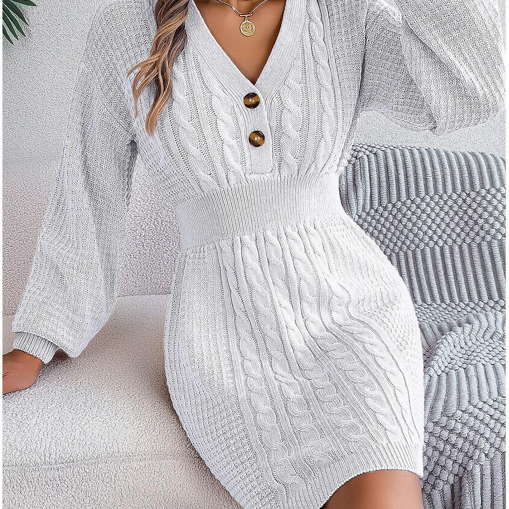 Women's Autumn/winter Twist Lantern Sleeve Hip Knit Button Sweater Dress