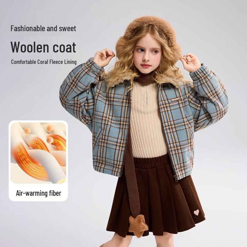 ASK JUNIOR Bear Applique Girls Plaid Wool Blend Jacket 110
