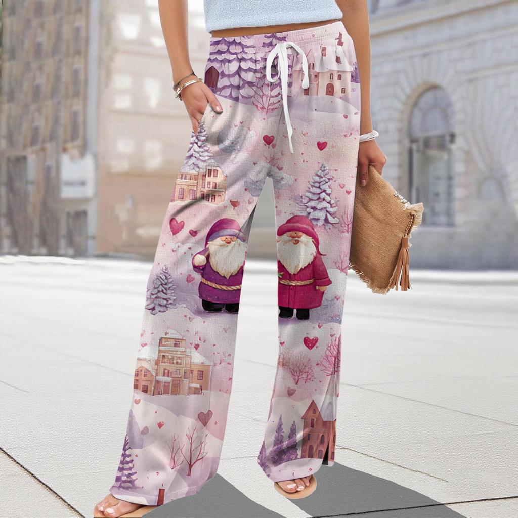 Ladies' Loose And Casual Christmas Printed Wide Leg Pants With Elastic Waistband Drawstring And Pocket Pants