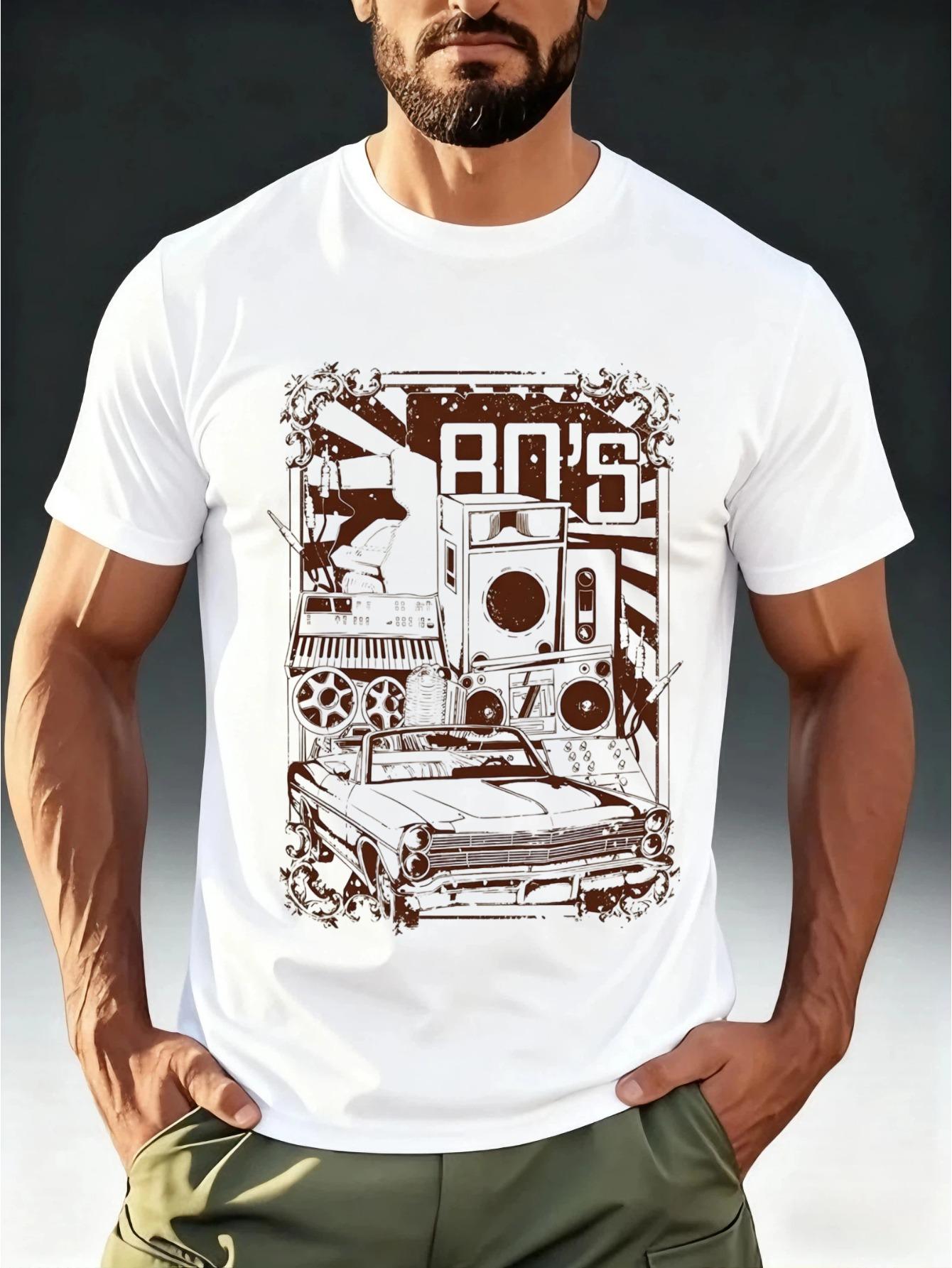 

Men S Short-Sleeve T-Shirt Featuring an 80S Retro Collage Theme with Black And White Vintage Car And Sound System Prints XXXXL