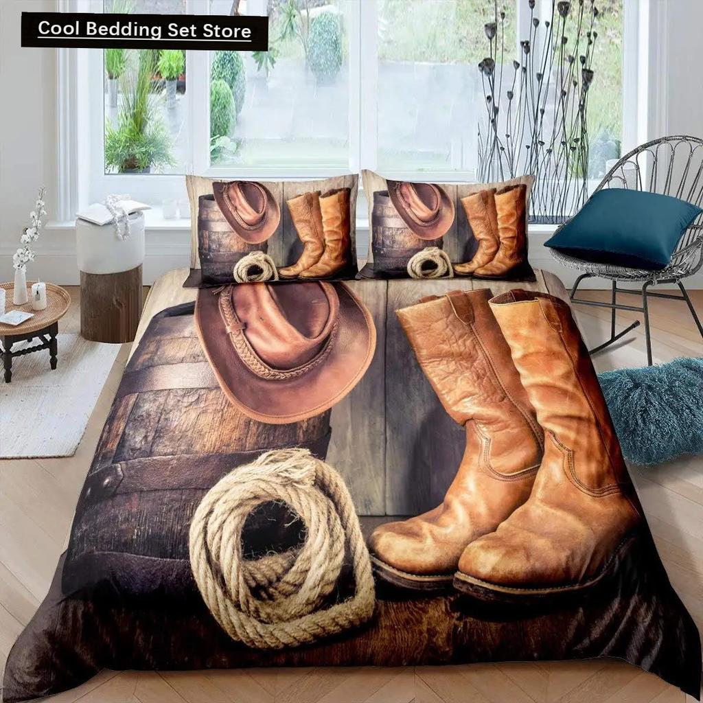 Western Cowboy Duvet Cover Set Vintage Farmhouse Bedding Set For Kids Boys Teens Queen Size Soft 2/3Pcs Polyester Quilt Cover