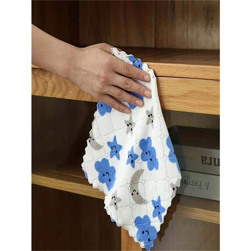 Dish Cloth, Coral Velvet Cartoon Printed Double-Sided CleaningTowels, Scouring Pad, New Kitchen Printed Cleaning Cloth