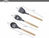 11-Piece Silicone Kitchen Utensil Set with Wooden Handles - Black & Khaki Storage Bucket Included
