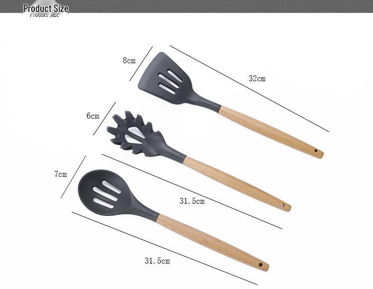 11-Piece Silicone Kitchen Utensil Set with Wooden Handles - Black & Khaki Storage Bucket Included