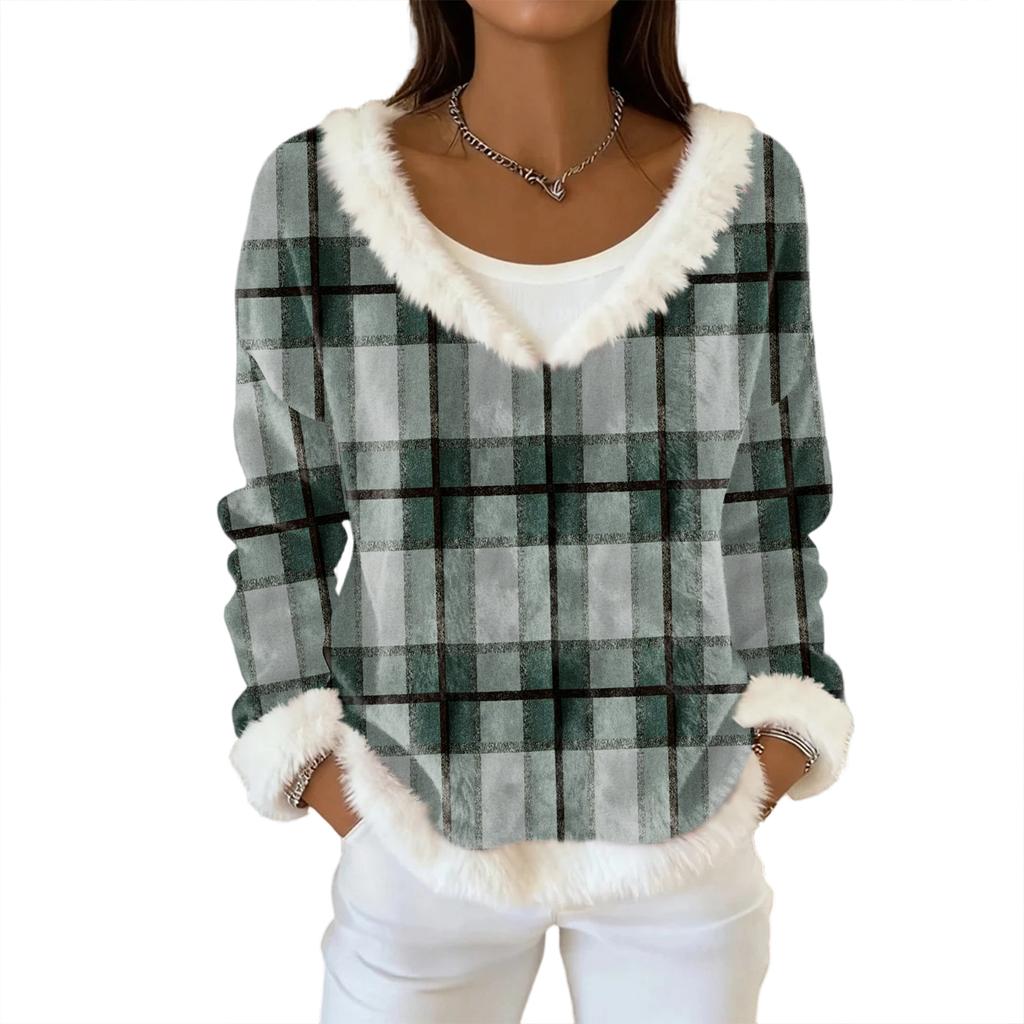Dammode Plysch V-ringad Pullover Topp Långärmad T-shirt Tryckt Sweatshirt
