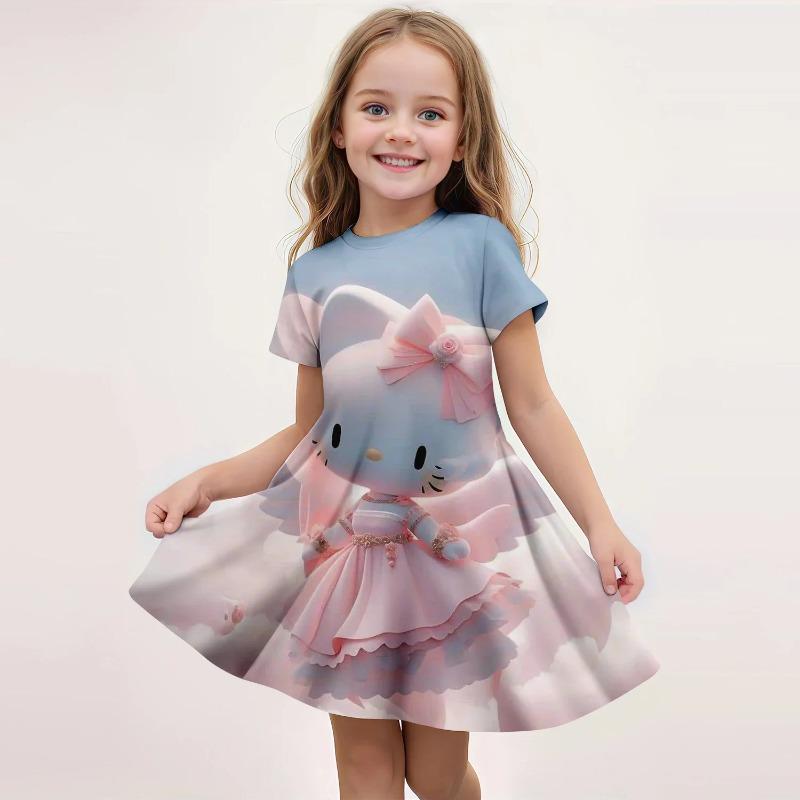 Kawaii Popular Summer Children s Fashion Girl Hello Kitty Dress Cartoon 3d Printed Comfortable Princess Dress for Home Comfort 110