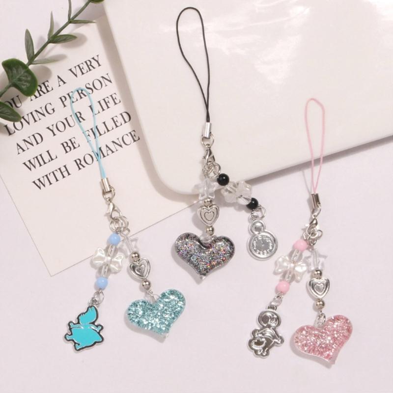 Sweet Cool Sparkling Heart Phone Charm Straps Car Keys Hanging Pendants Bag Decoration Lanyard Purse Accessories