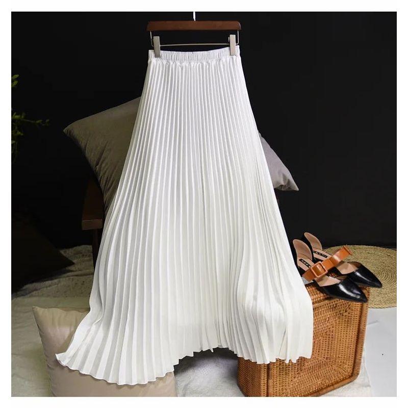 Pleated Skirt with Elastic Waistband Pleated High Waist Half-Length Female Elastic Waist Skirt
