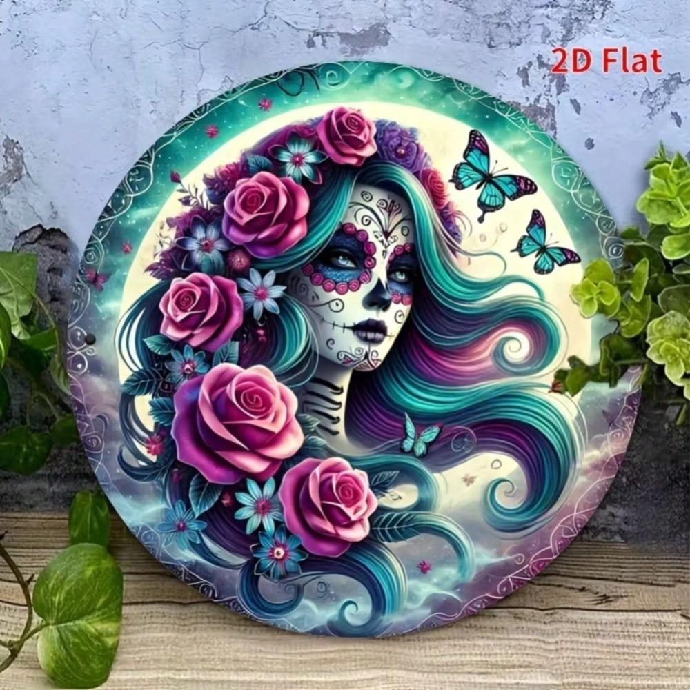8x8 Inch 2D Flat Sugar Skull Skeleton Wreath Floral Dia De Los Muertos Wall Hanging Outdoor Decor